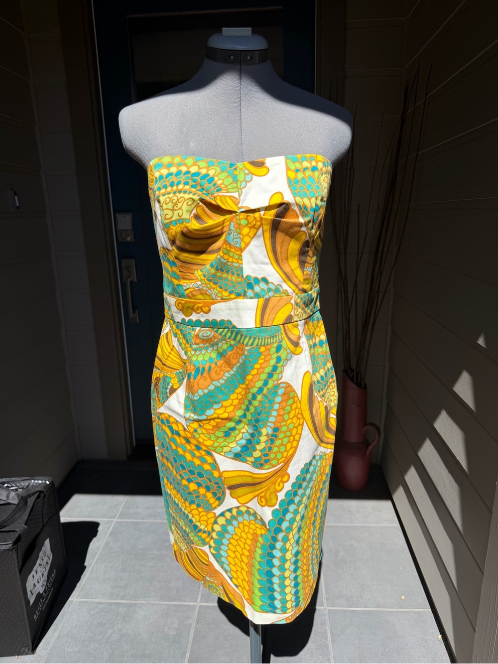 Banana Republic Strapless Sheath Dress in Yellow, Teal & White Swirl Print